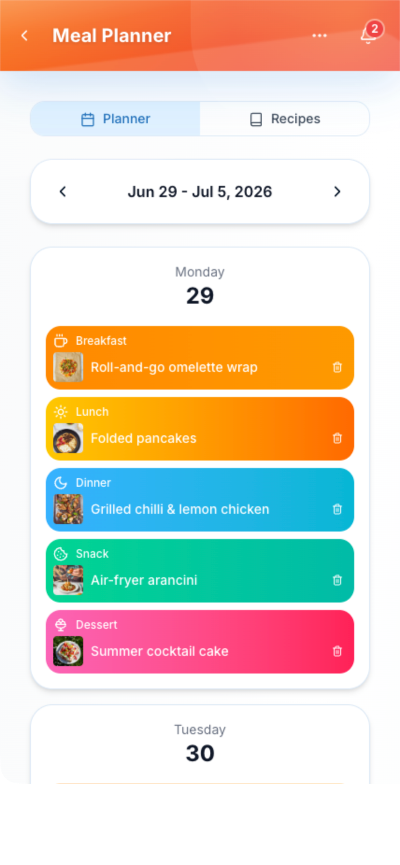 Meal planning screenshot