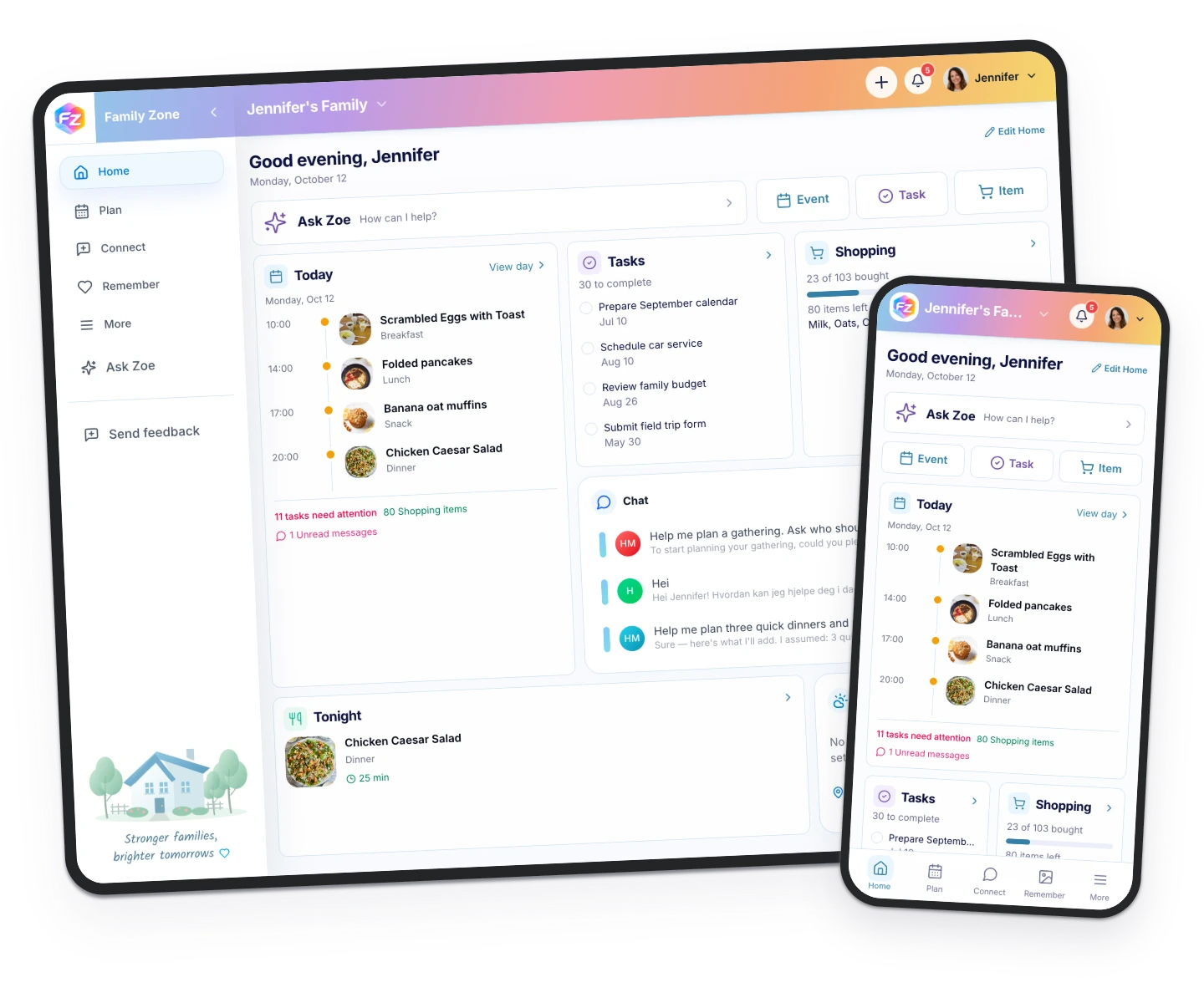 Family Zone dashboard on tablet and phone, using real app screenshots